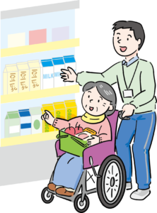 車椅子で買い物をする方。ただし、スーパーのカゴは膝の上。