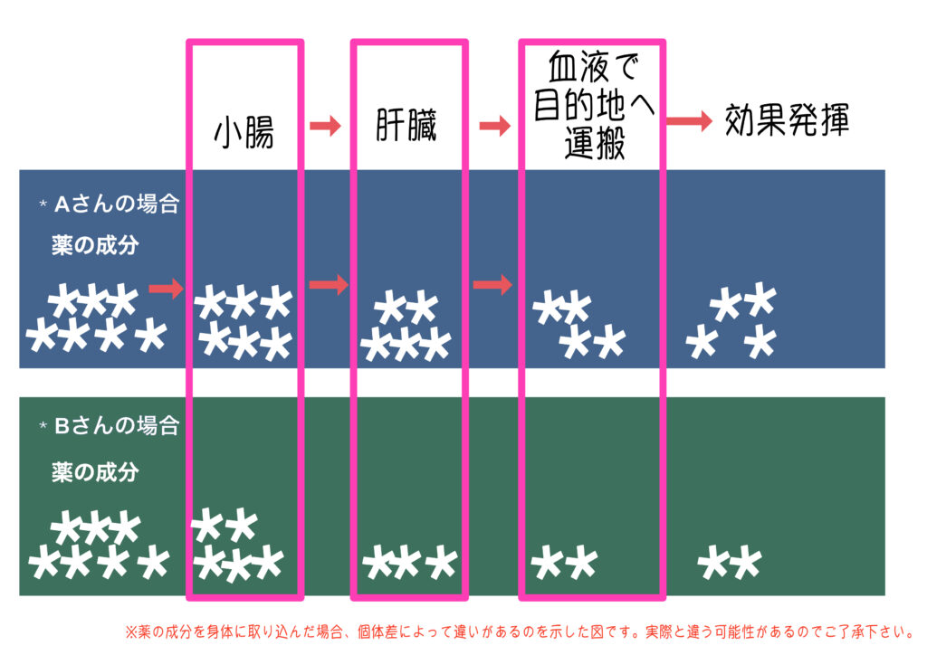 薬の成分を体に取り込んだ場合に個人差が出るのを表したもの