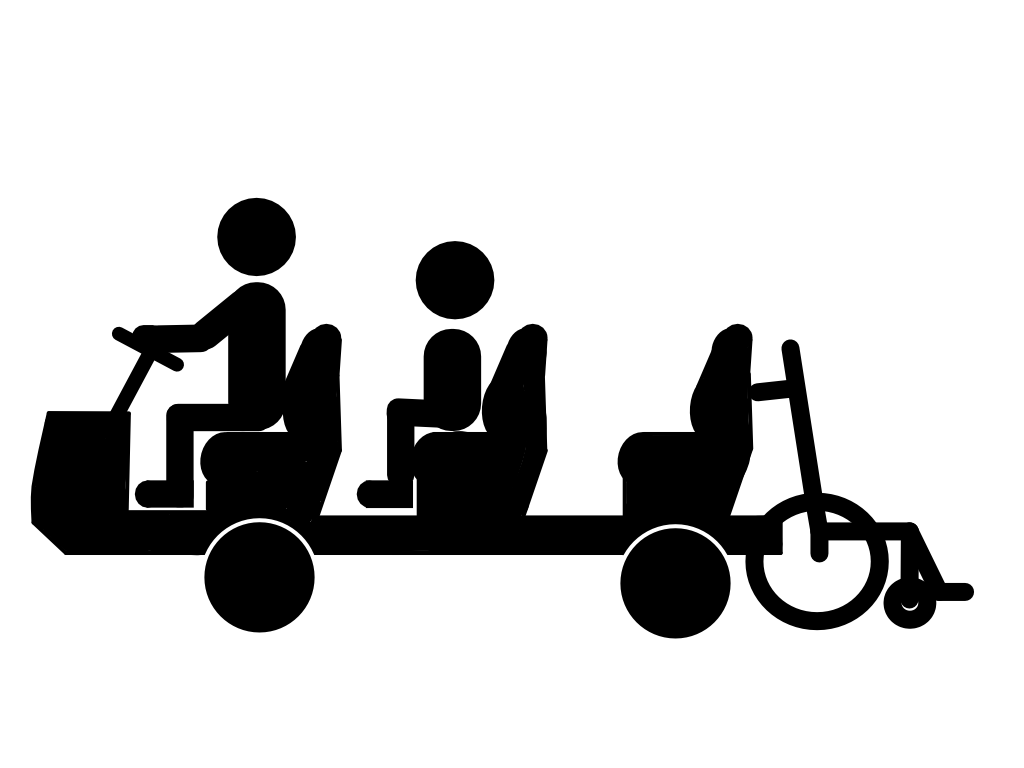 電気自動車に車椅子と歩行に困難を抱える人たちをのせて、運転するAssistance